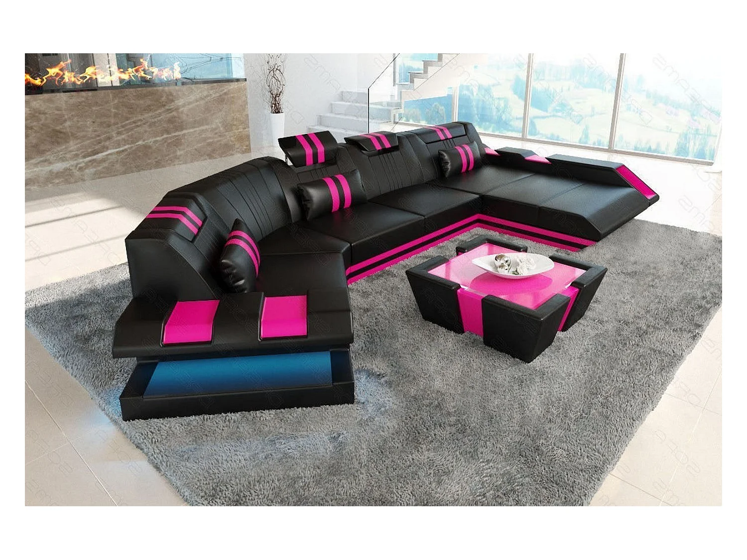 Ledersofa Apollonia C Form Ledermix Echt/Kunstleder Schwarz Pink Rechts