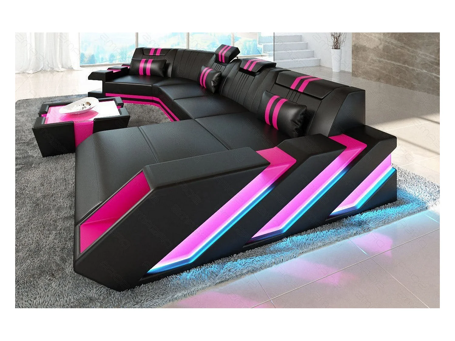 Ledersofa Apollonia C Form Ledermix Echt/Kunstleder Schwarz Pink Rechts