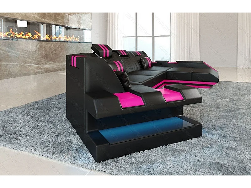 Ledersofa Apollonia C Form Ledermix Echt/Kunstleder Schwarz Pink Rechts