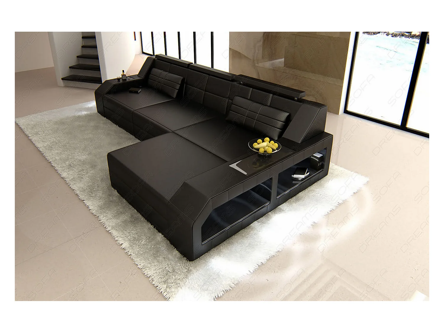 Ecksofa Arezzo Leder Echtleder Schwarz Rechts