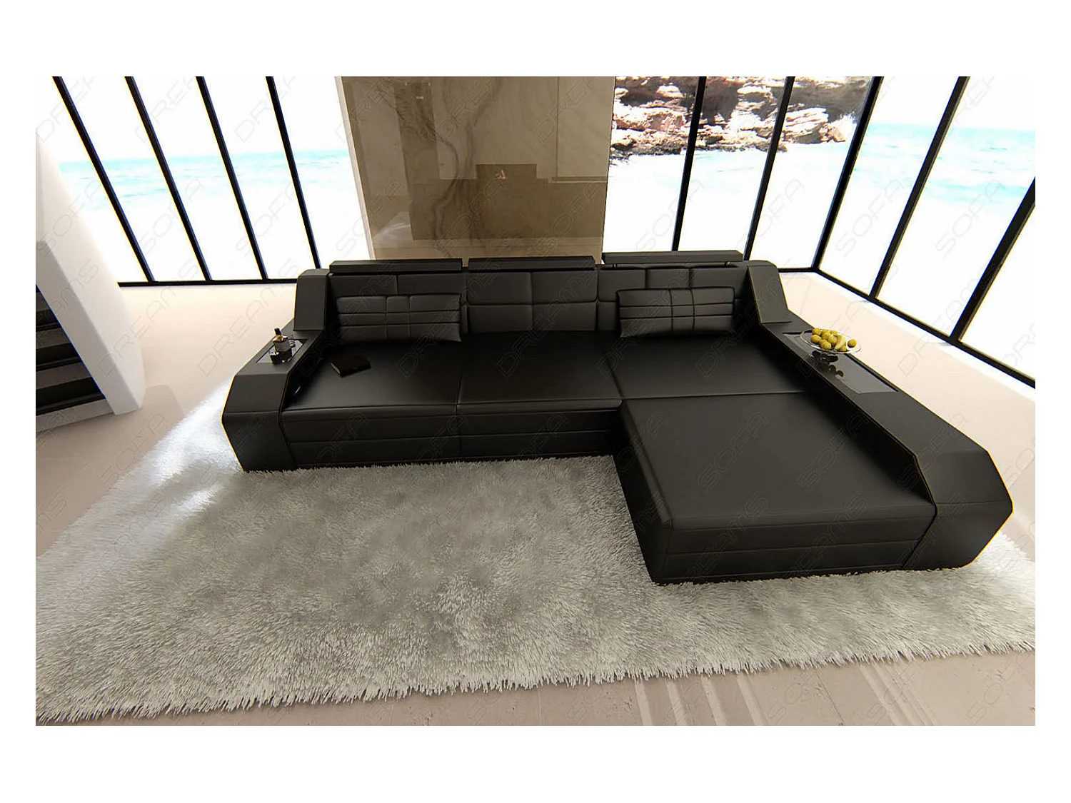 Ecksofa Arezzo Leder Echtleder Schwarz Rechts