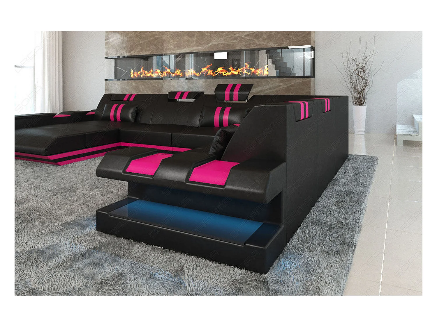XXL Leder Wohnlandschaft Apollonia EL Schwarz Pink Links