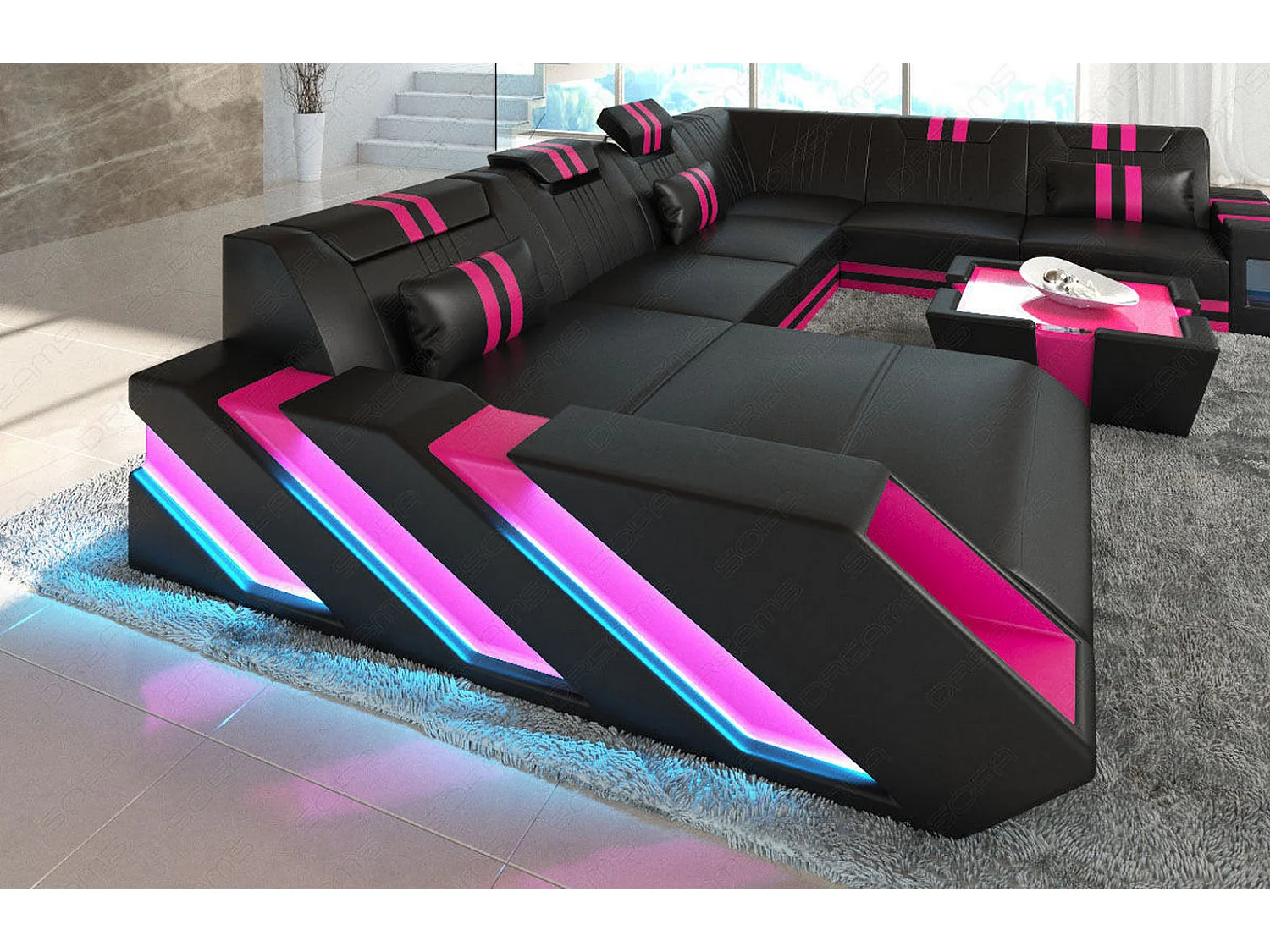 XXL Leder Wohnlandschaft Apollonia EL Schwarz Pink Links