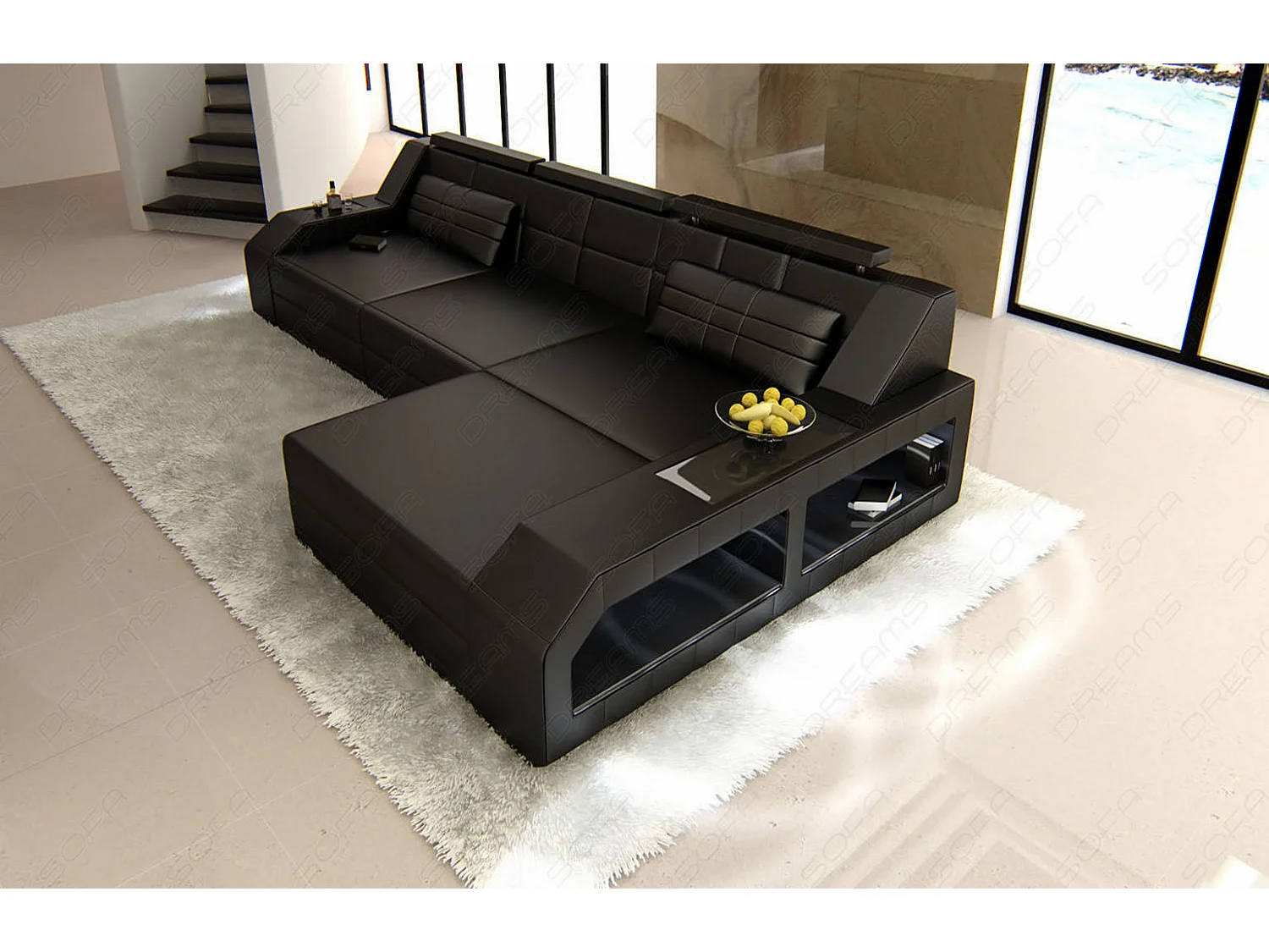 Ecksofa Arezzo Leder Kunstleder Schwarz Rechts