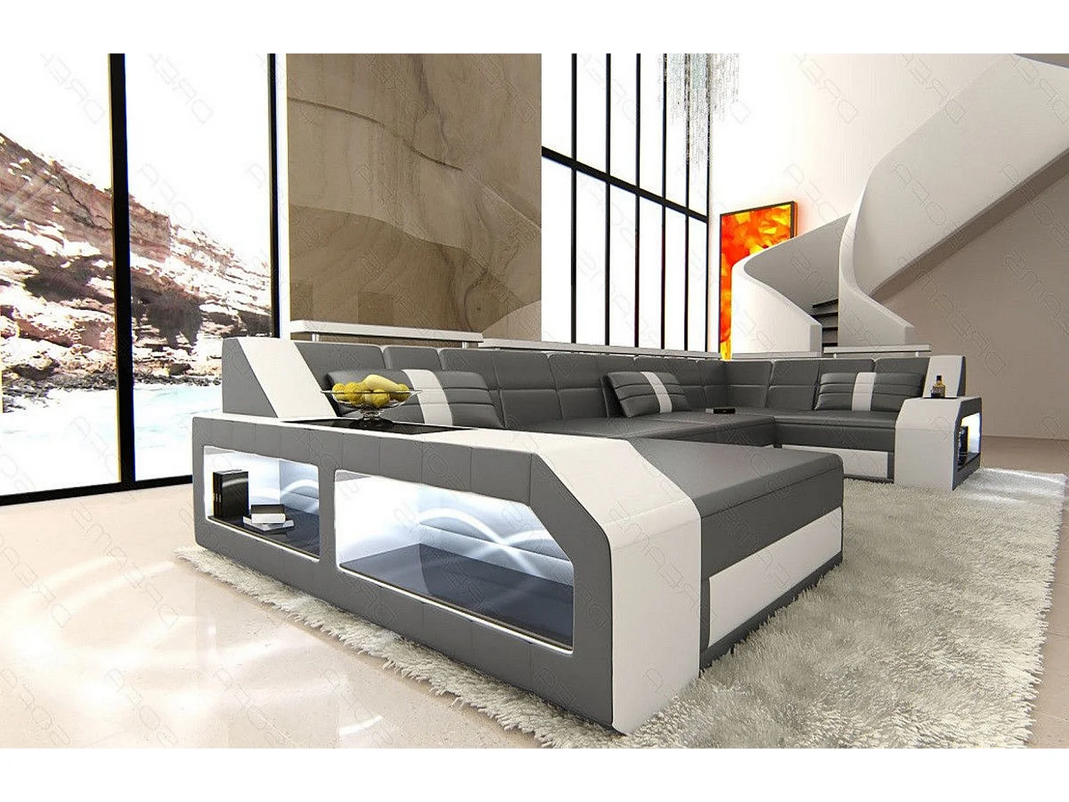 Sofa Arezzo U Leder Kunstleder Grau Weiß Links