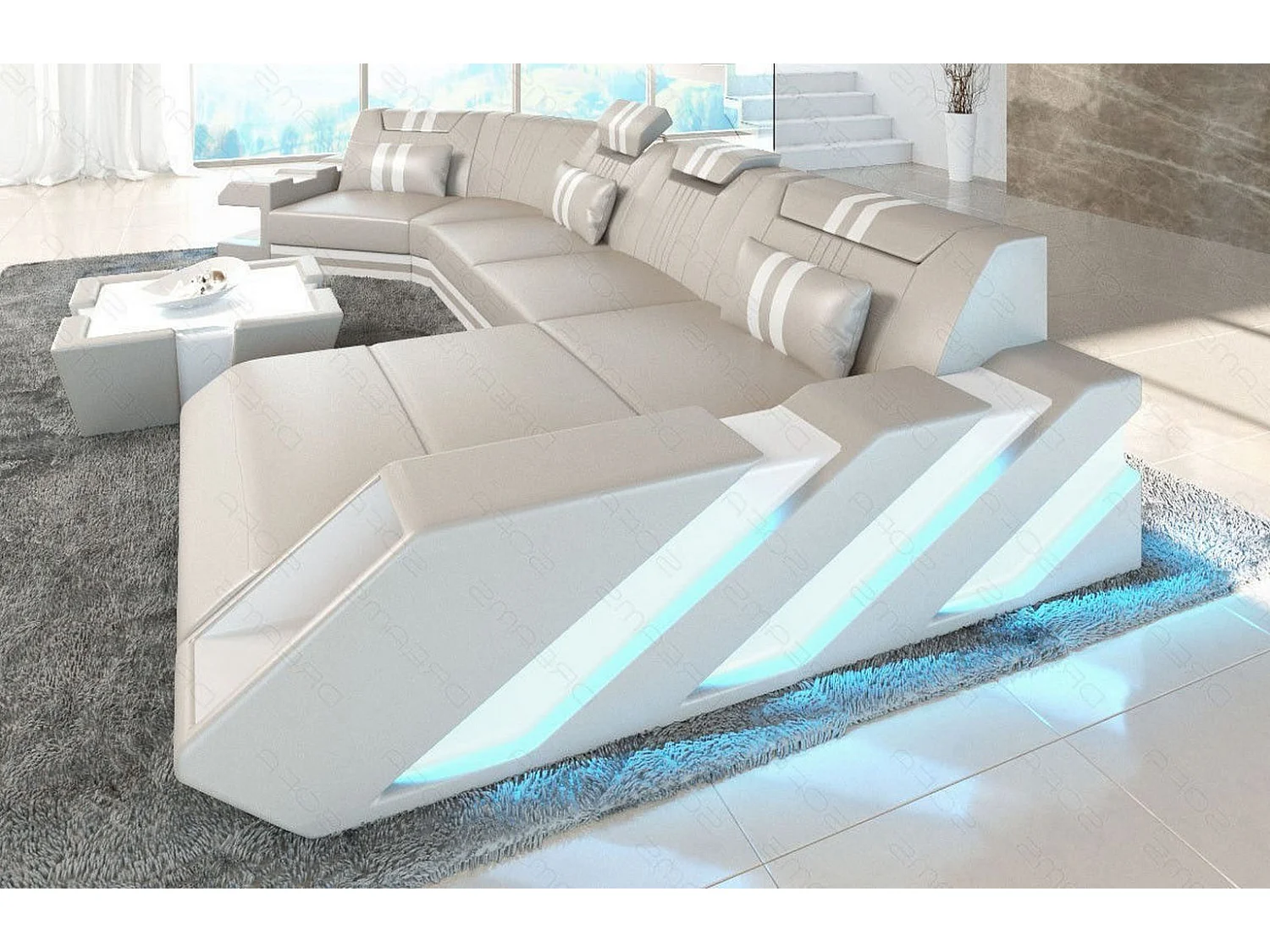 Ledersofa Apollonia C Form Echtleder Beige Weiß Rechts