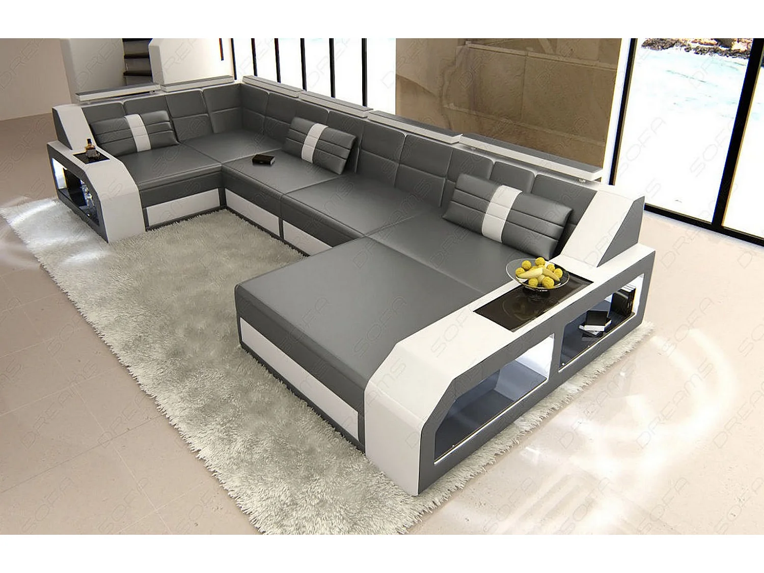 Sofa Arezzo U Leder Ledermix Grau Weiß Rechts