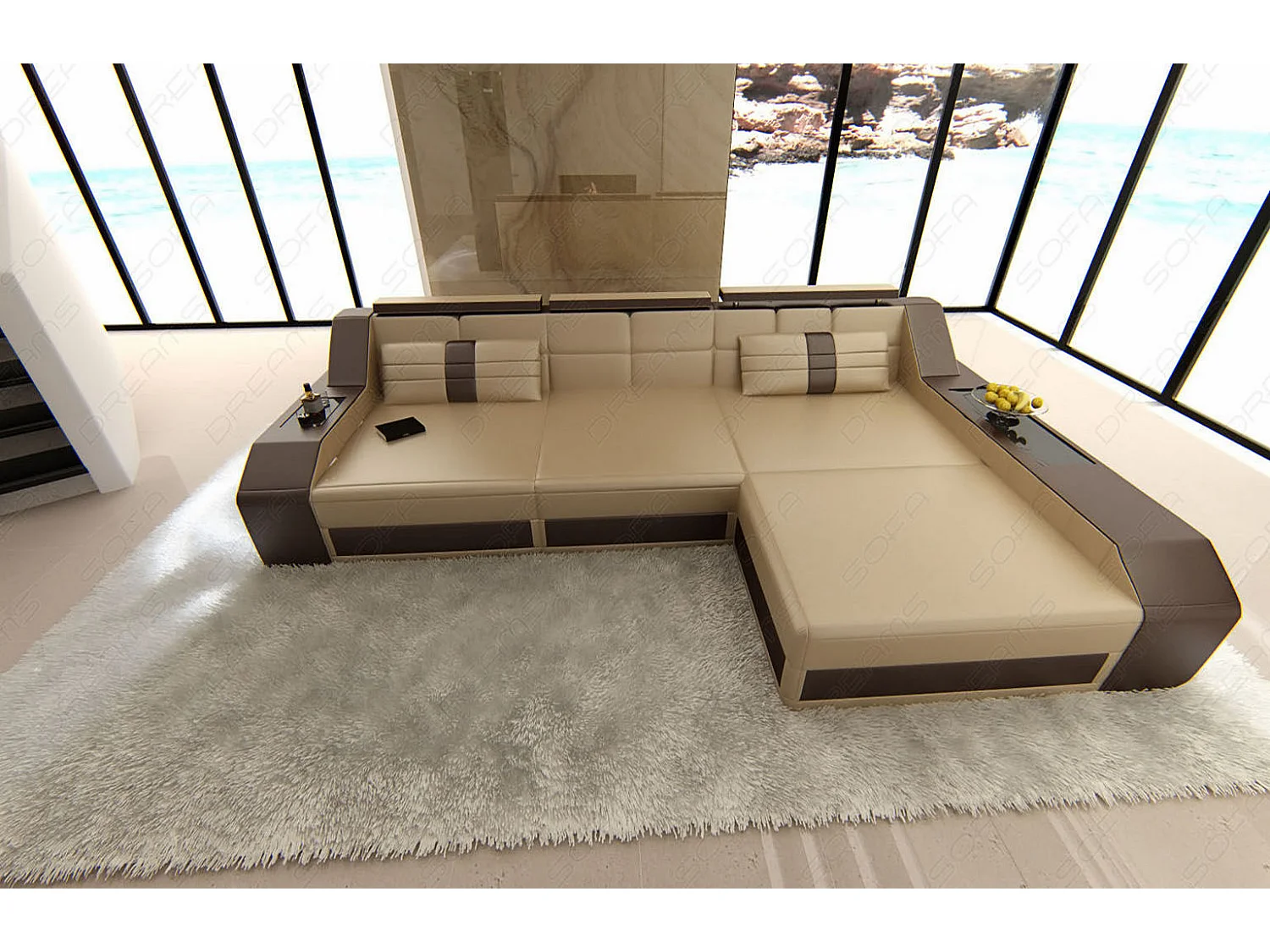 Ecksofa Arezzo Leder Echtleder Sandbeige Braun Rechts