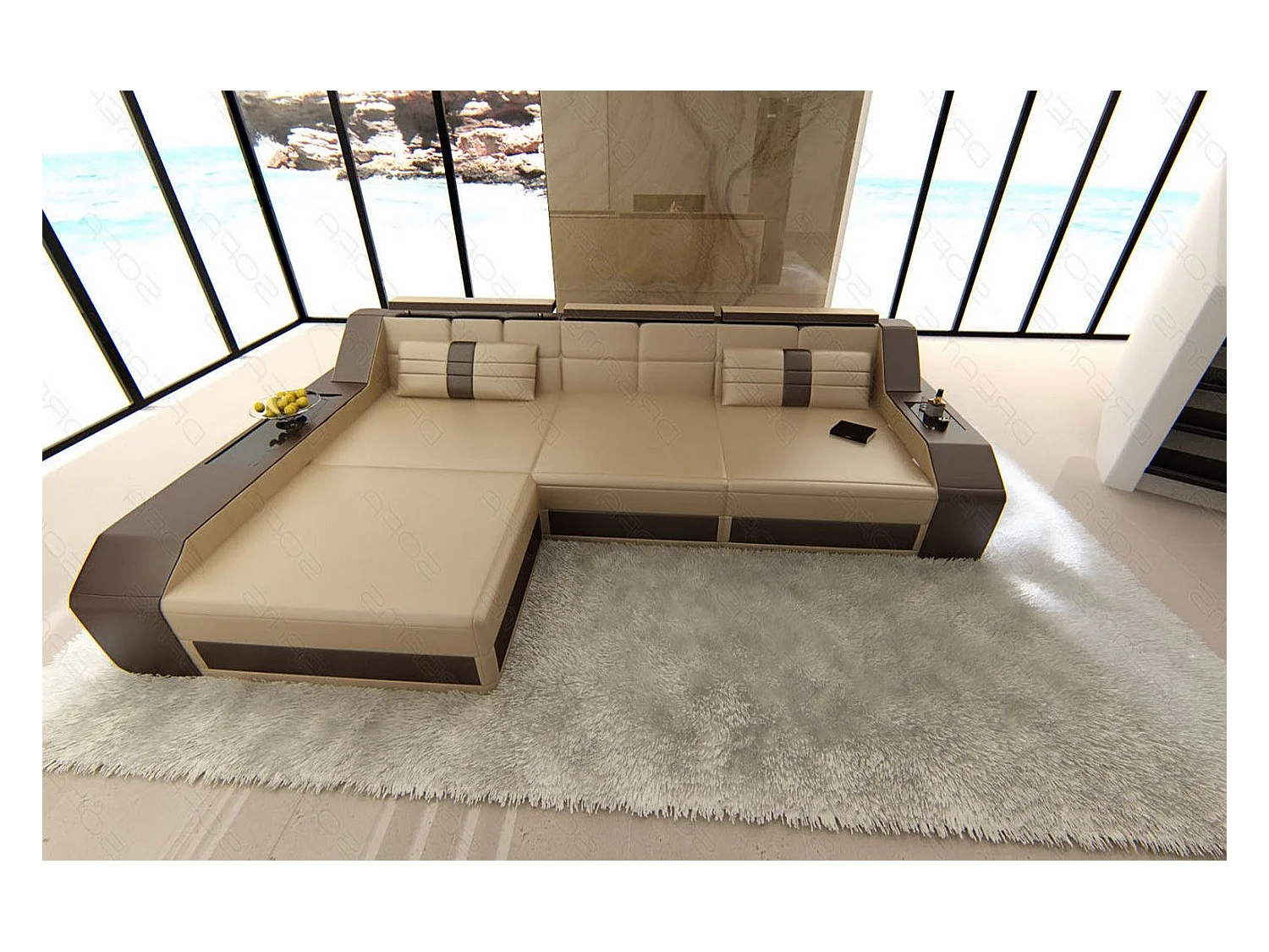Ecksofa Arezzo Leder Kunstleder Sandbeige Braun Links
