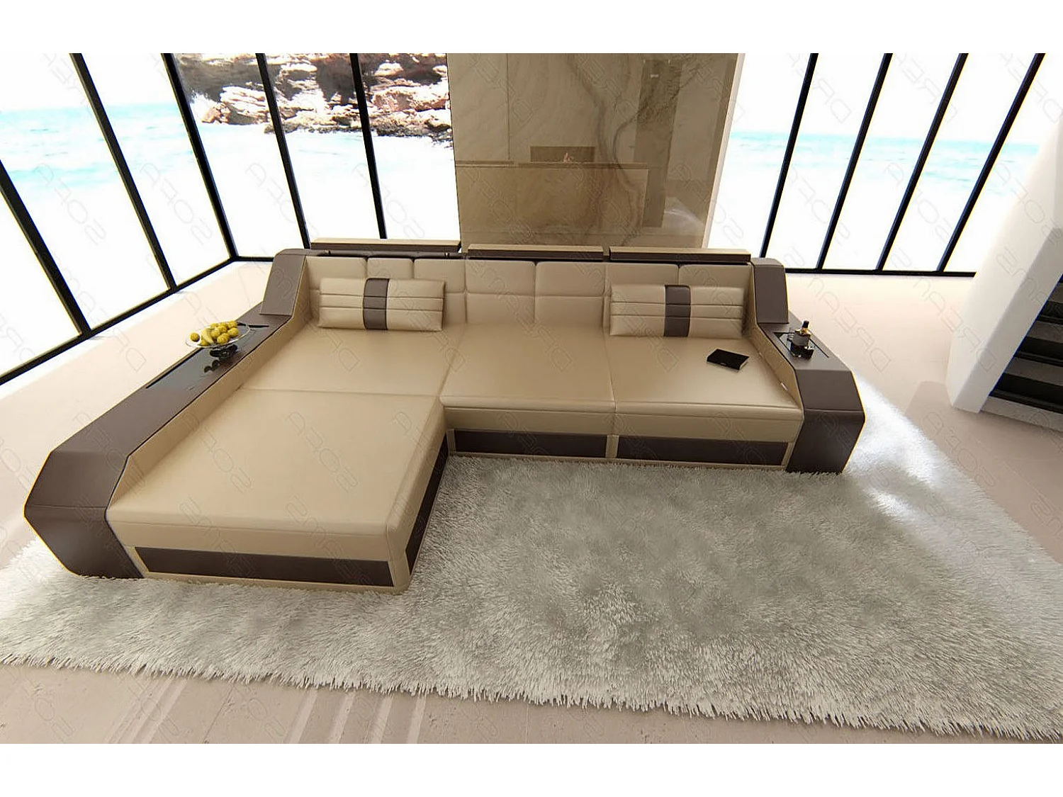 Ecksofa Arezzo Leder Kunstleder Sandbeige Braun Links