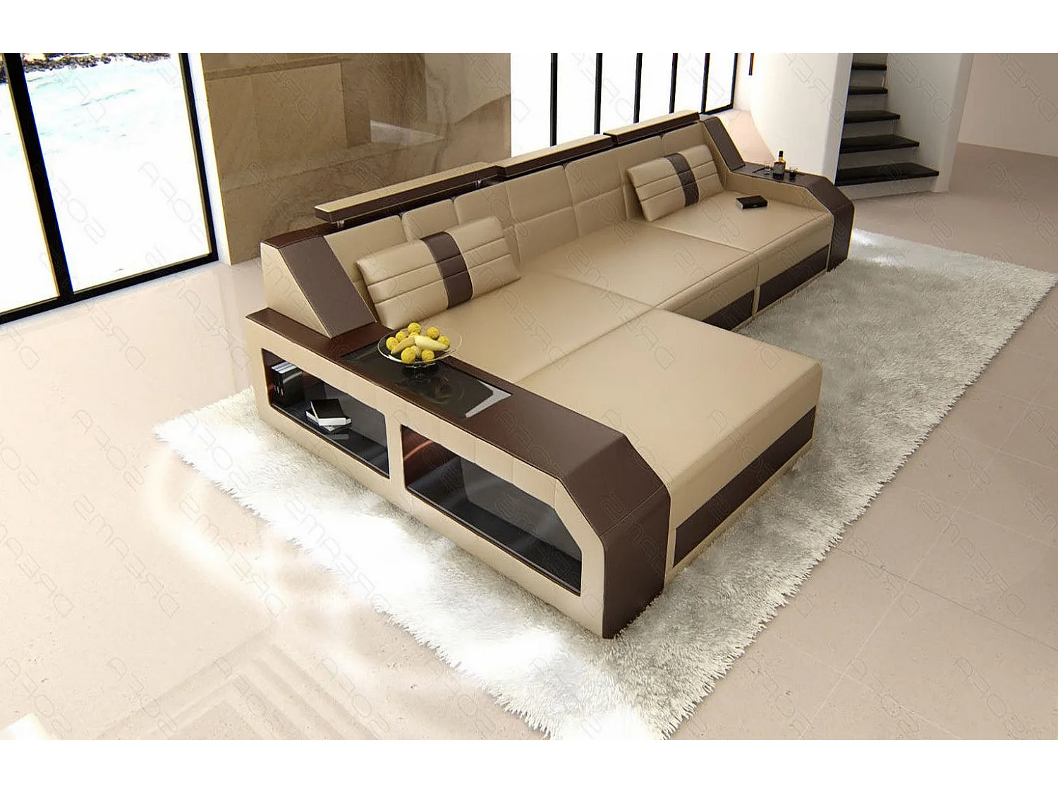 Ecksofa Arezzo Leder Kunstleder Sandbeige Braun Links