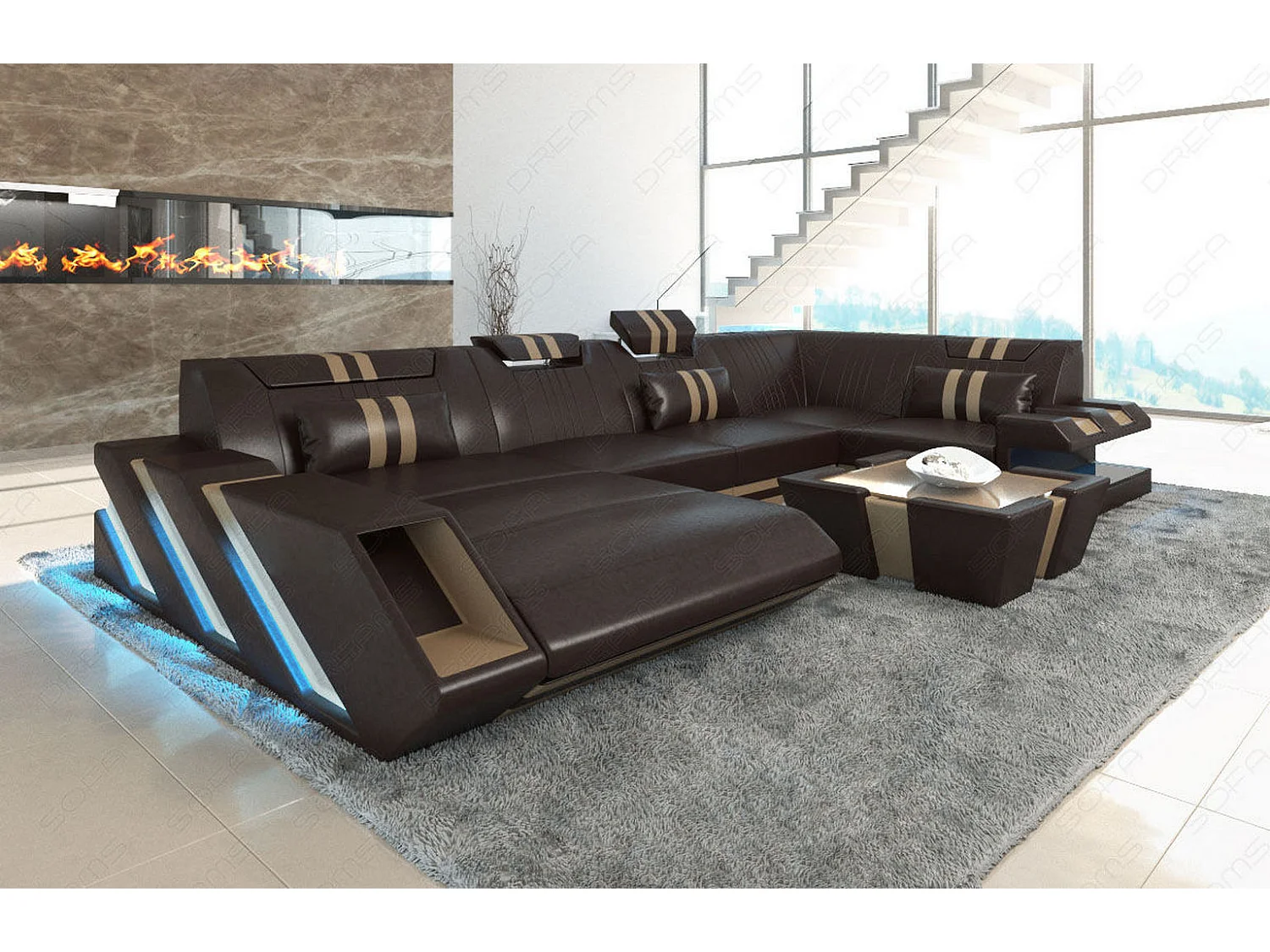 Ledersofa Apollonia U Form KP Dunkelbraun Sandbeige Links