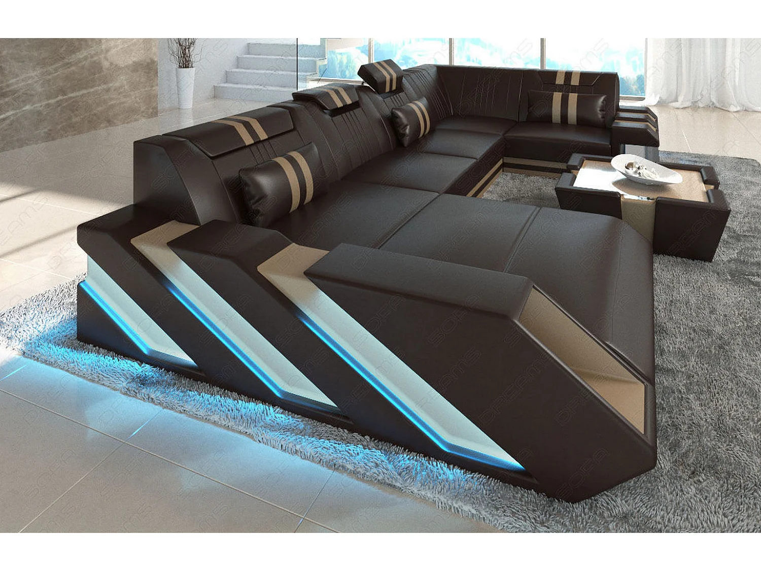 Ledersofa Apollonia U Form KP Dunkelbraun Sandbeige Links