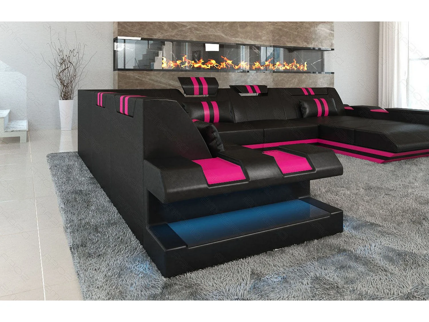 XXL Leder Wohnlandschaft Apollonia KP Schwarz Pink Rechts