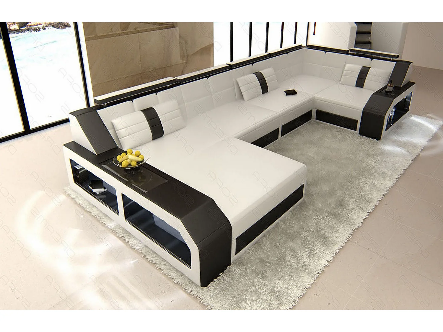 Sofa Arezzo U Leder Ledermix Weiß Schwarz Links