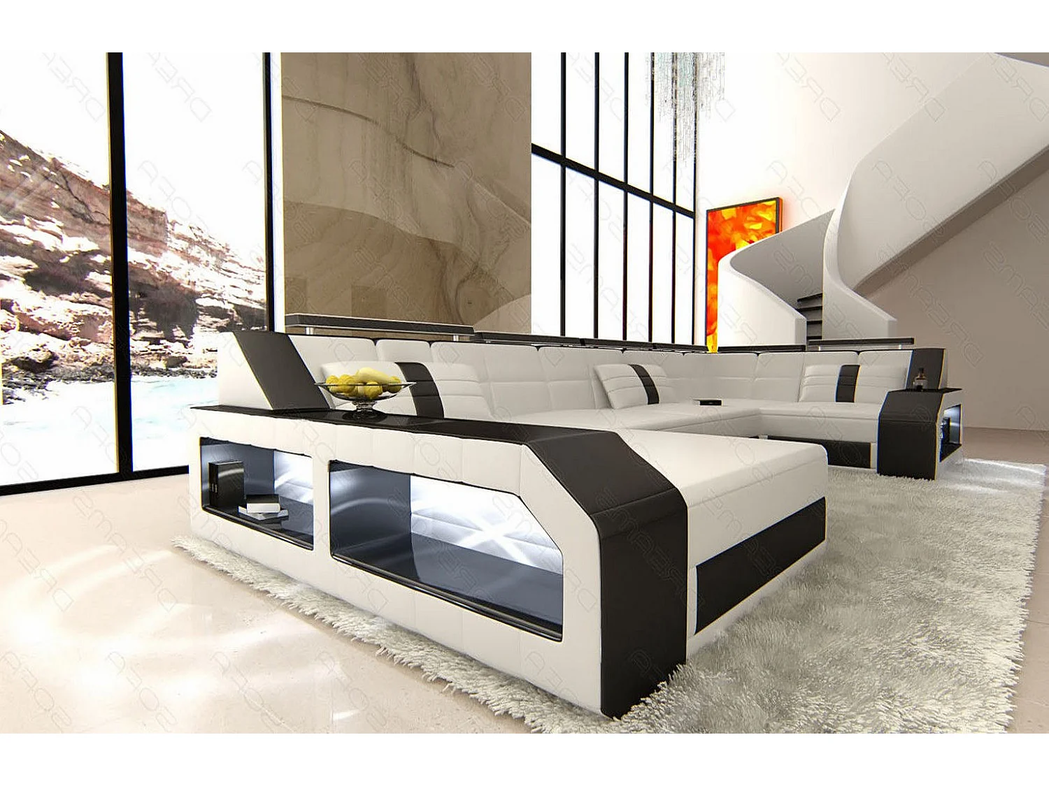 Sofa Arezzo U Leder Ledermix Weiß Schwarz Links