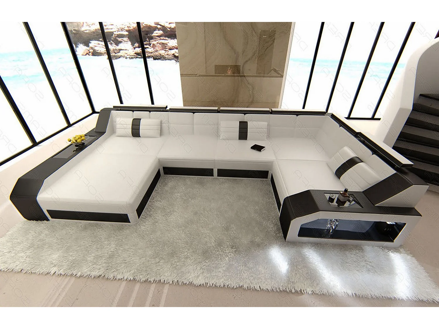 Sofa Arezzo U Leder Ledermix Weiß Schwarz Links