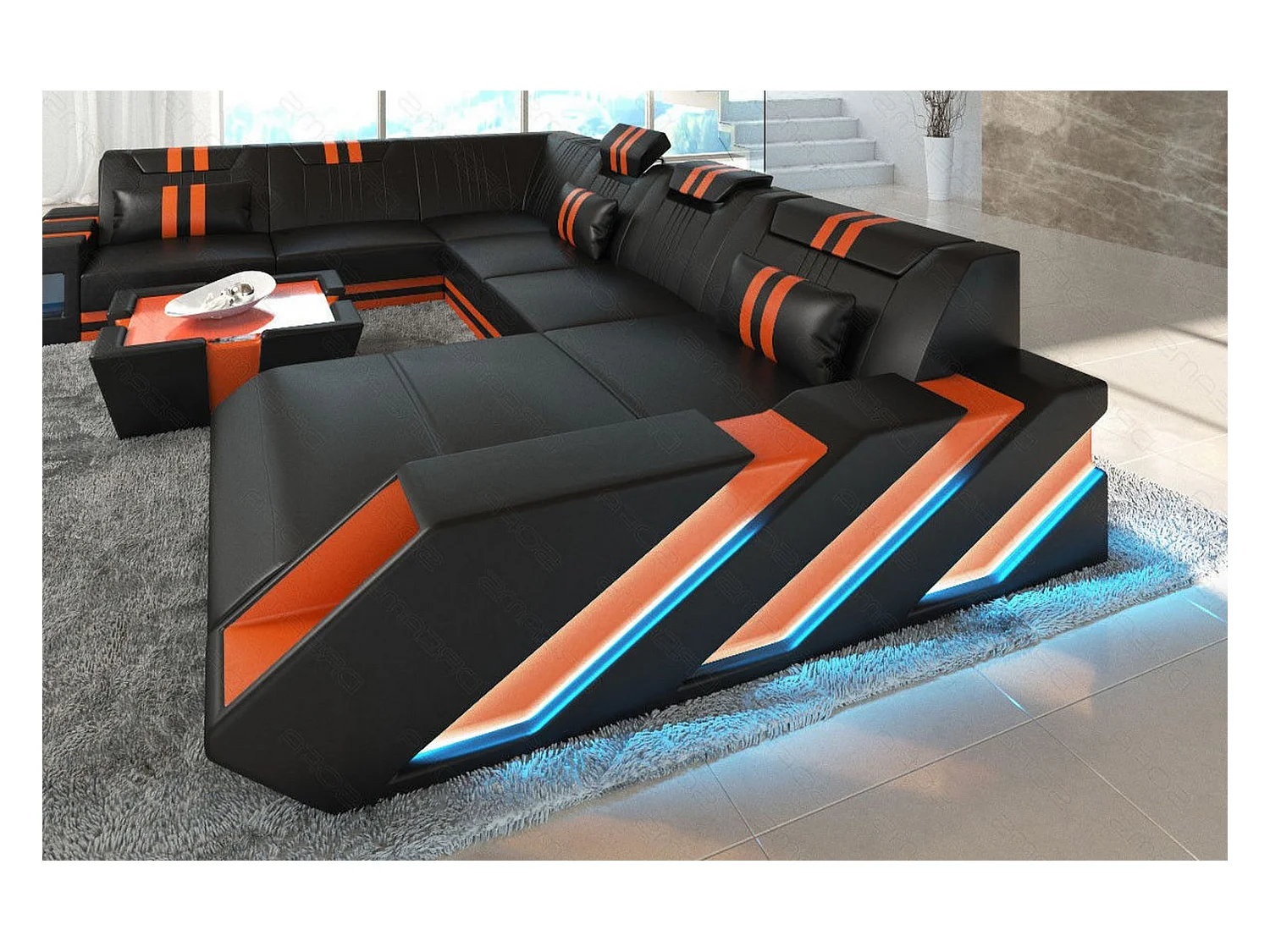 XXL Leder Wohnlandschaft Apollonia BL Schwarz Orange Rechts