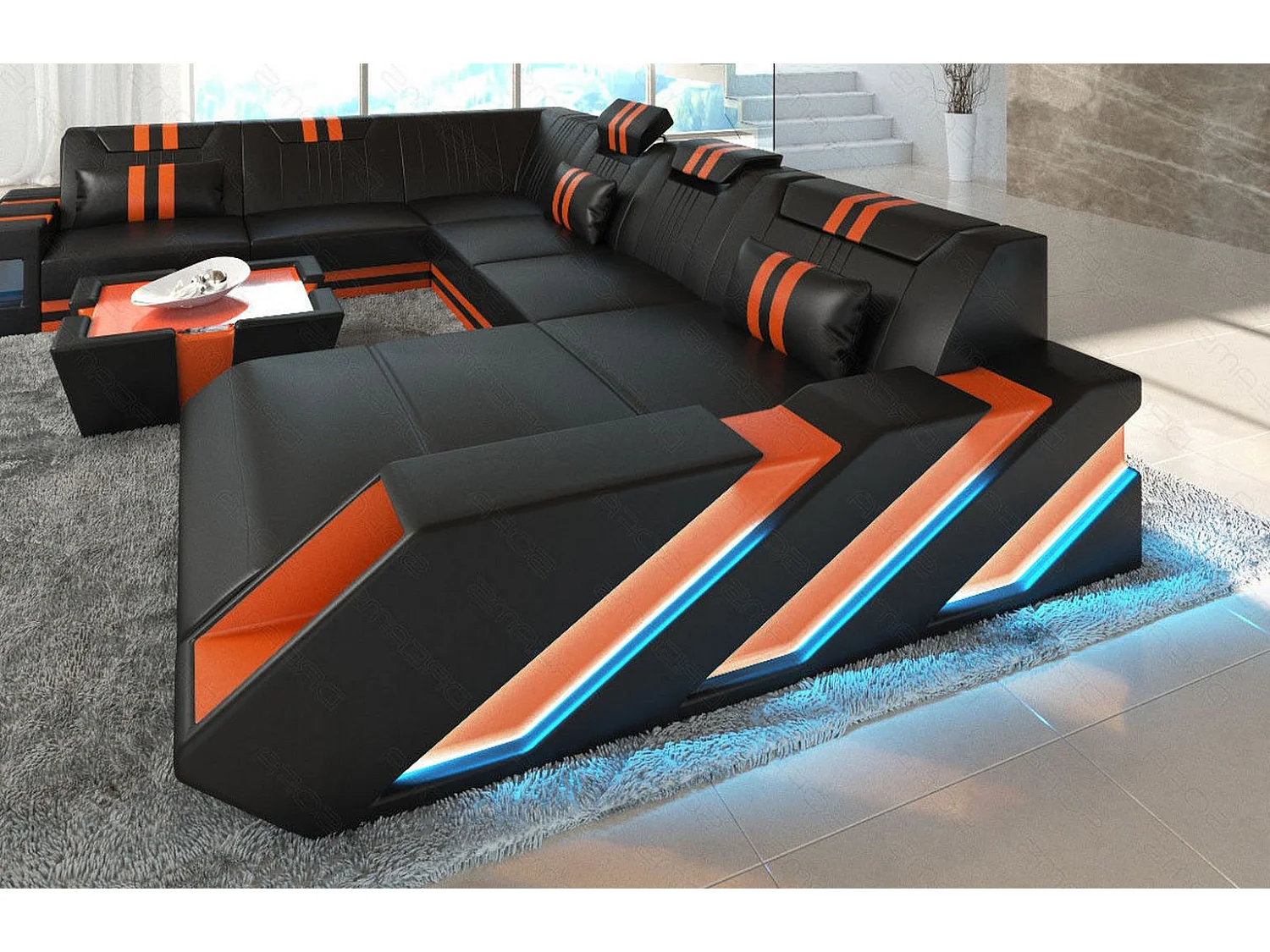 XXL Leder Wohnlandschaft Apollonia BL Schwarz Orange Rechts