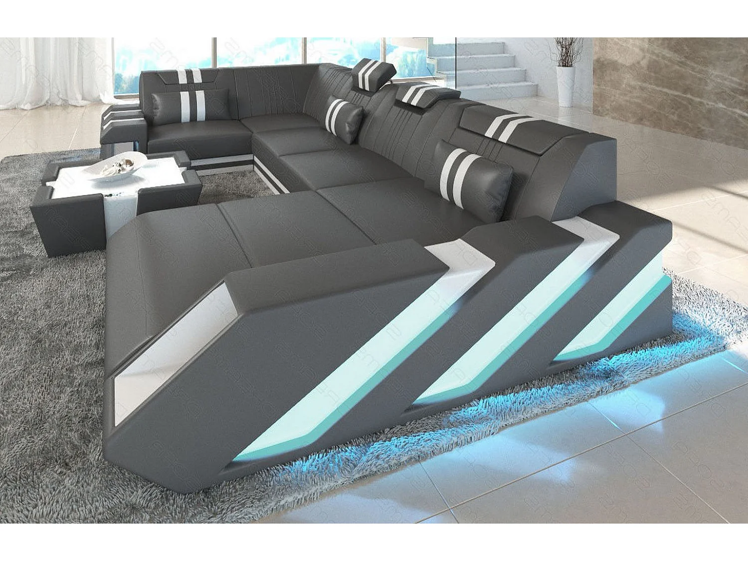 Ledersofa Apollonia U Form KP Grau Weiß Rechts