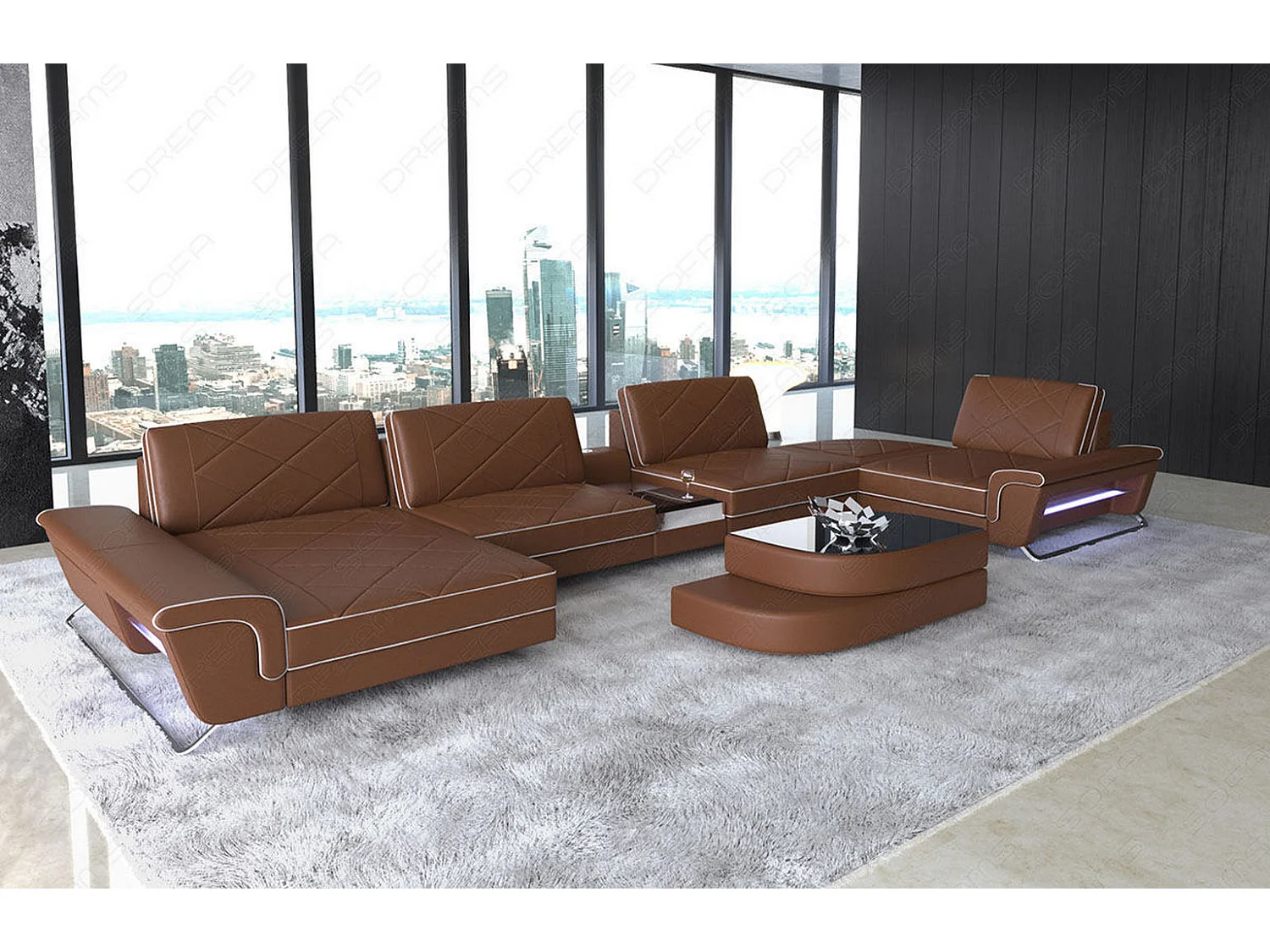 Sofa Bari U Leder Ledermix Hellbraun Weiß Links