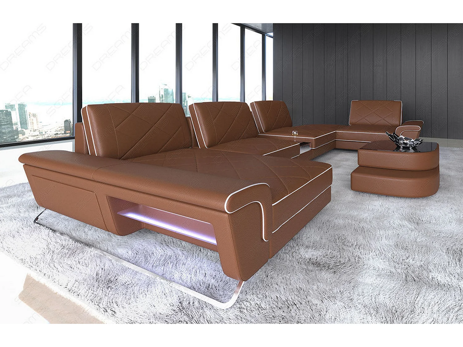 Sofa Bari U Leder Ledermix Hellbraun Weiß Links