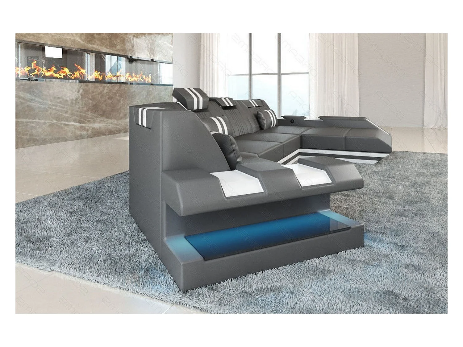 Ledersofa Apollonia C Form Büffelleder Grau Weiß Rechts