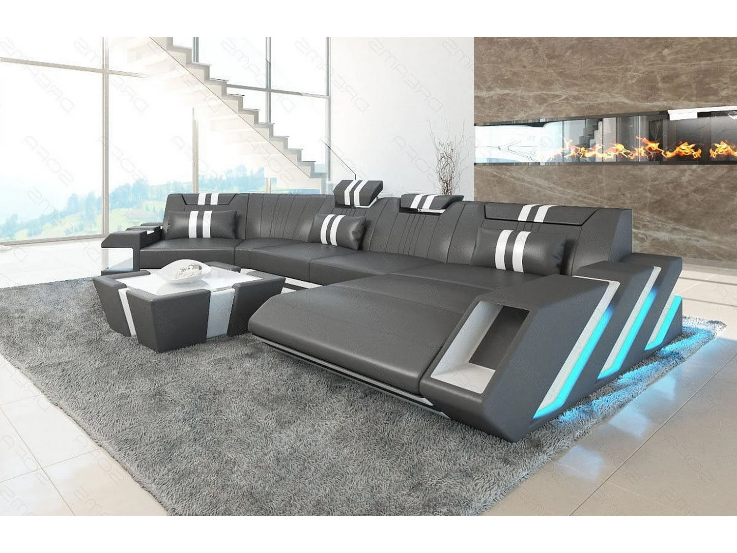 Ledersofa Apollonia C Form Büffelleder Grau Weiß Rechts