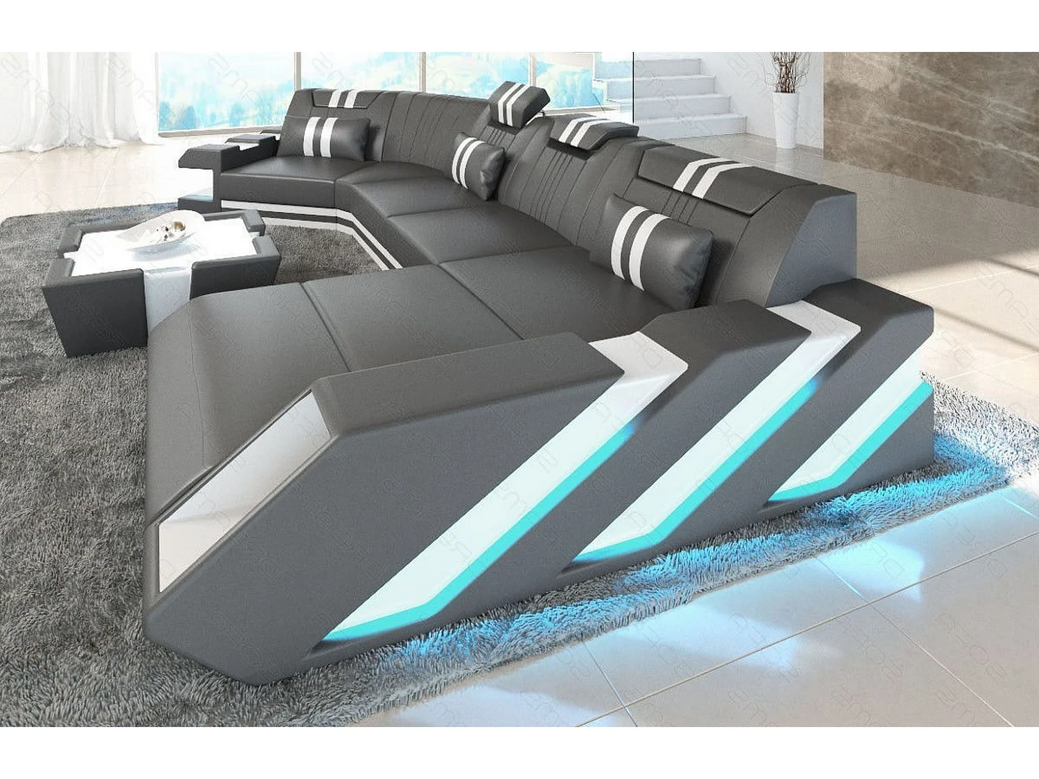 Ledersofa Apollonia C Form Büffelleder Grau Weiß Rechts