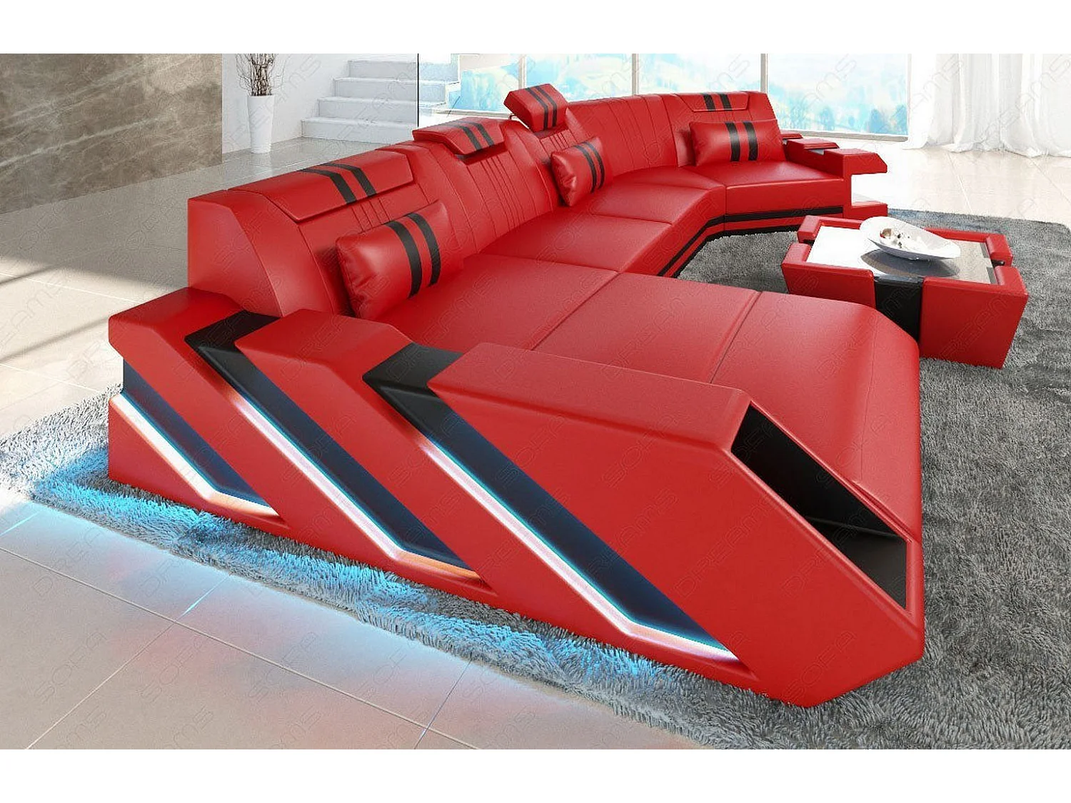 Ledersofa Apollonia C Form Büffelleder Rot Schwarz Links