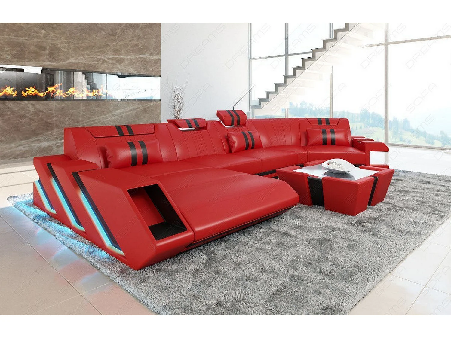 Ledersofa Apollonia C Form Büffelleder Rot Schwarz Links