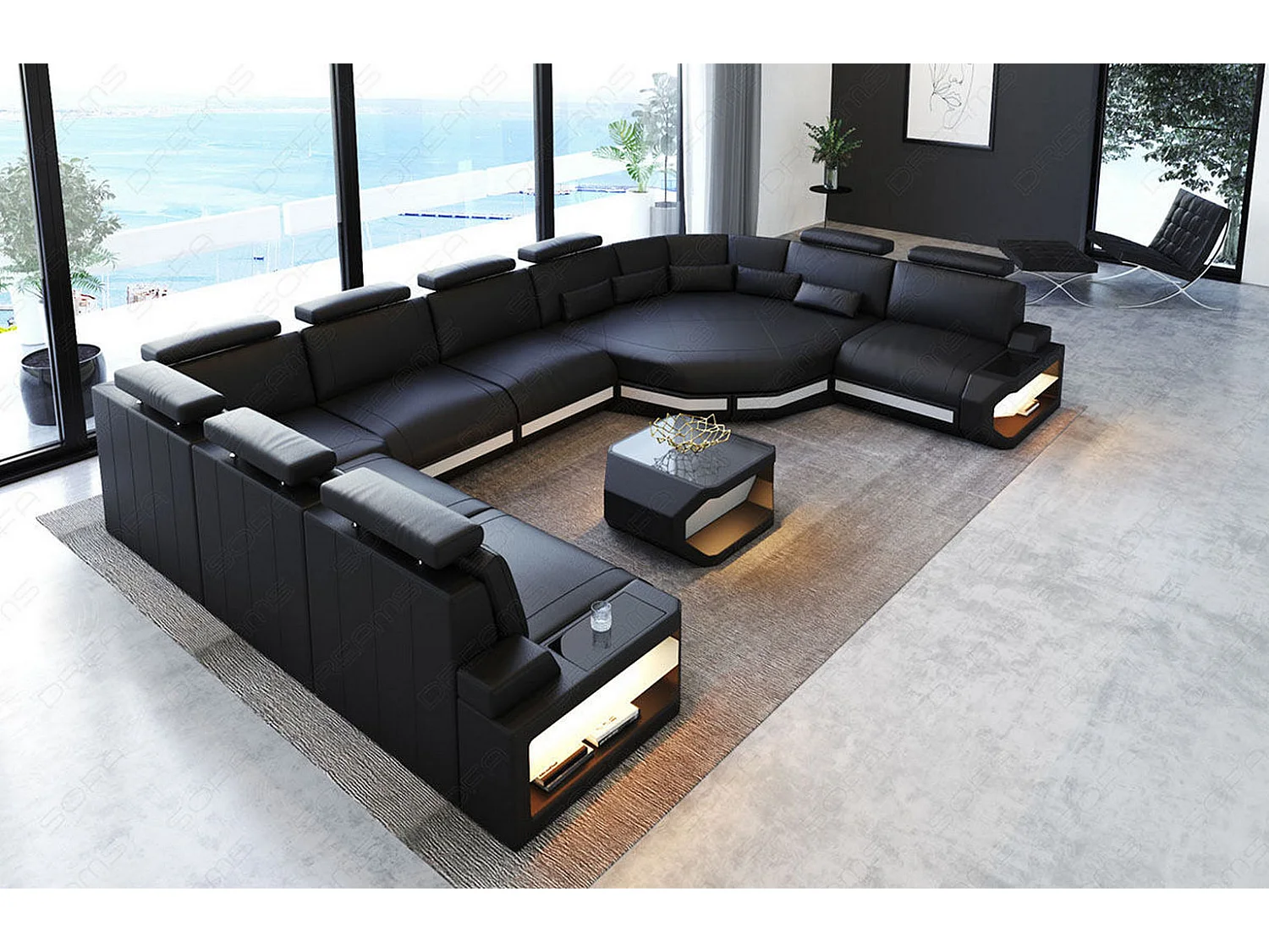 Sofa Asti U Leder Ledermix Schwarz Weiß Links