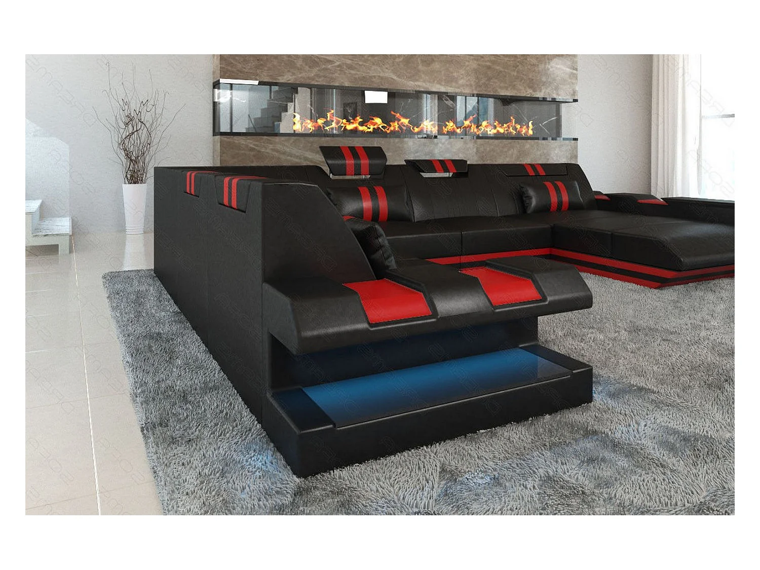 XXL Leder Wohnlandschaft Apollonia EL Schwarz Rot Rechts