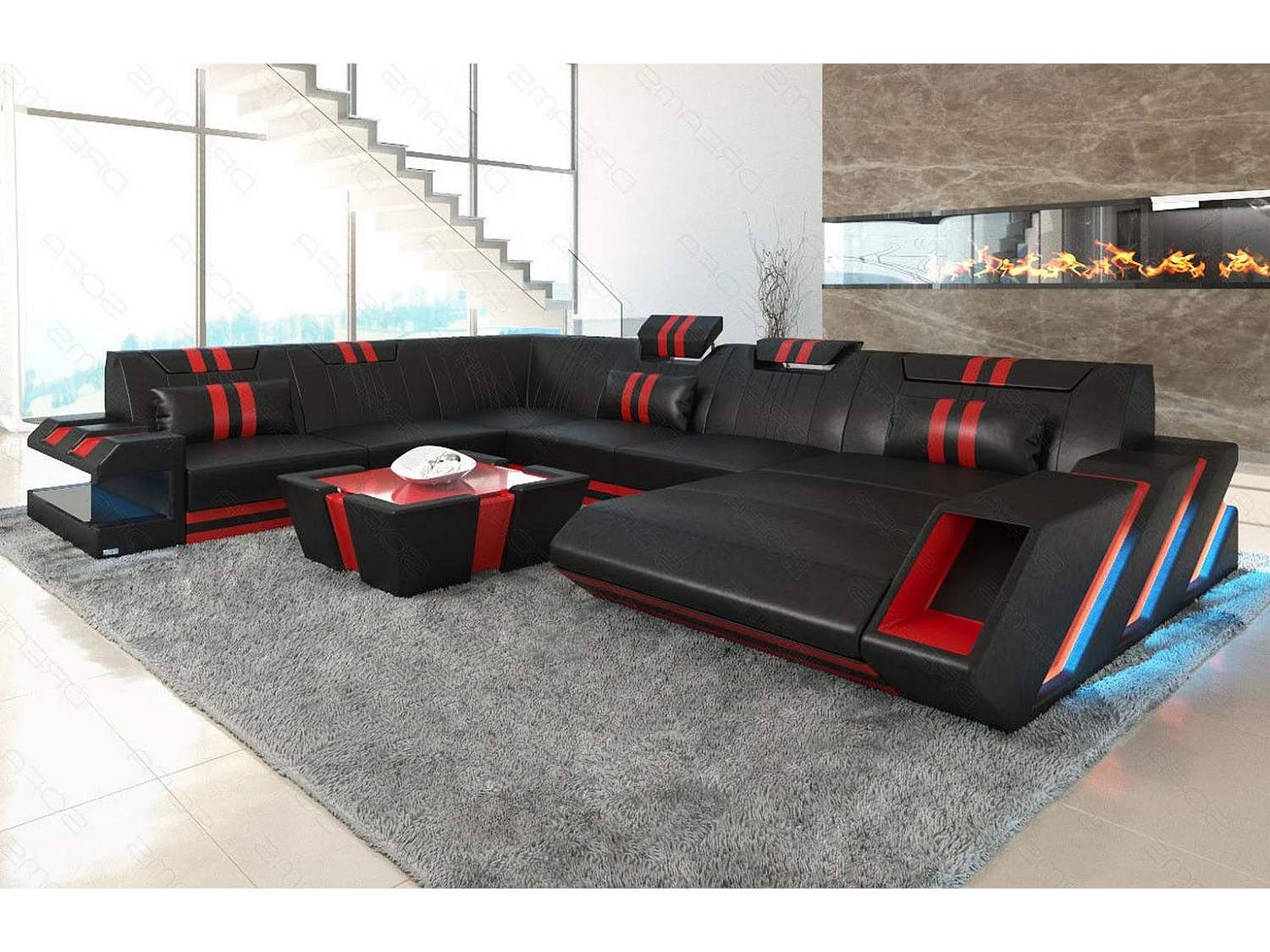 XXL Leder Wohnlandschaft Apollonia EL Schwarz Rot Rechts