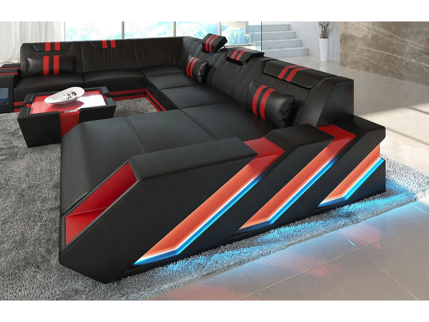 XXL Leder Wohnlandschaft Apollonia EL Schwarz Rot Rechts