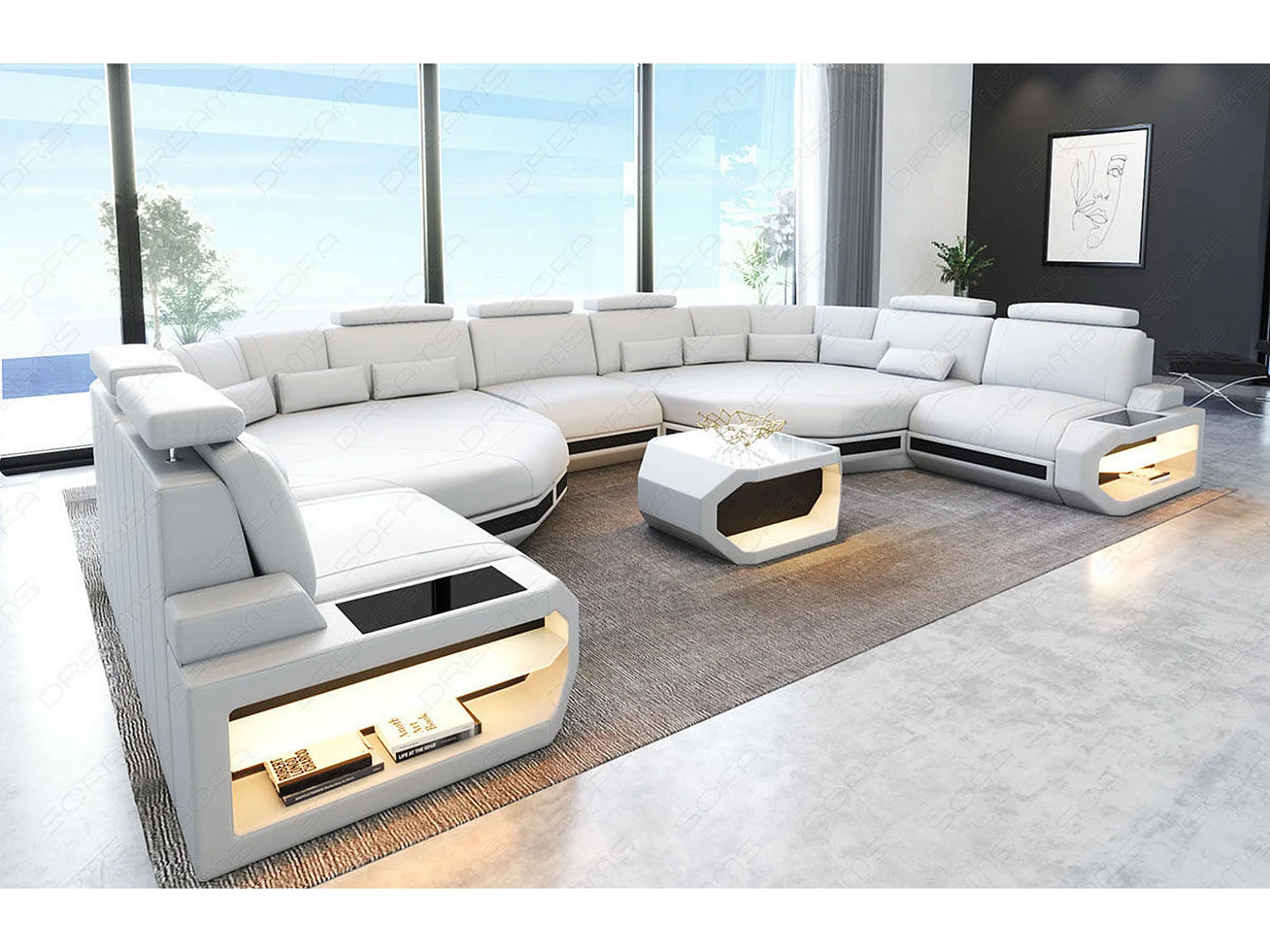 XXL Sofa Asti Leder Kunstleder Weiß Schwarz