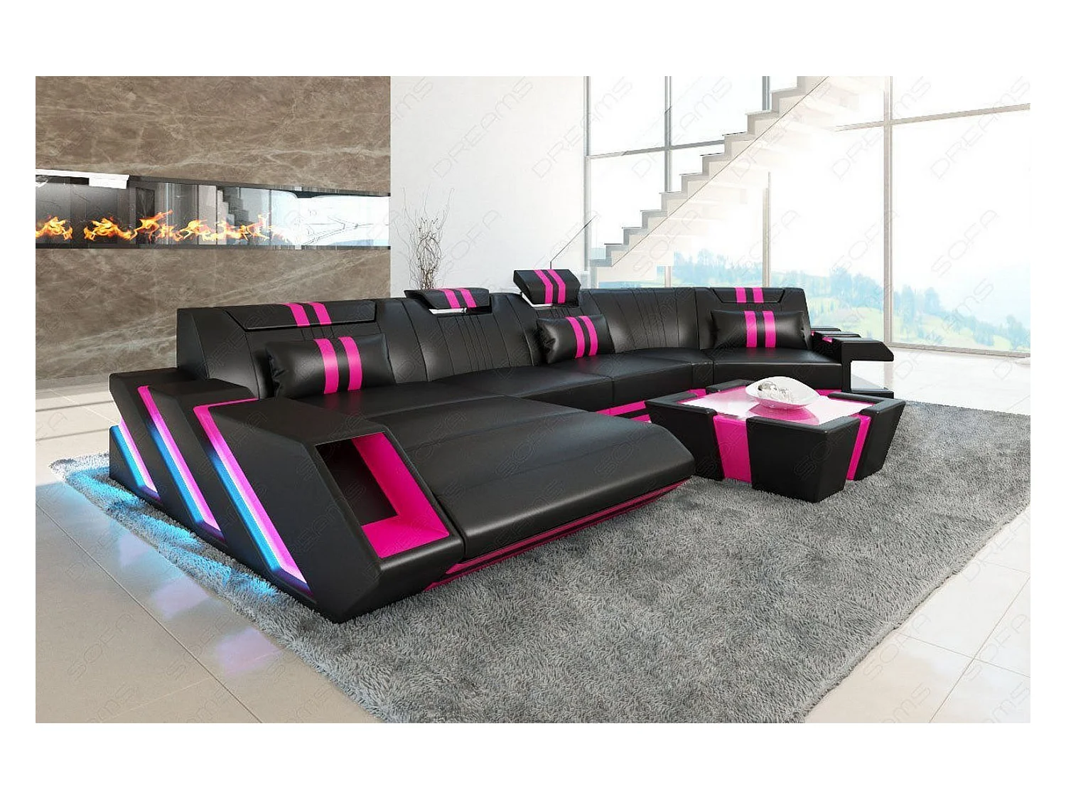 Ledersofa Apollonia C Form Ledermix Echt/Kunstleder Schwarz Pink Links
