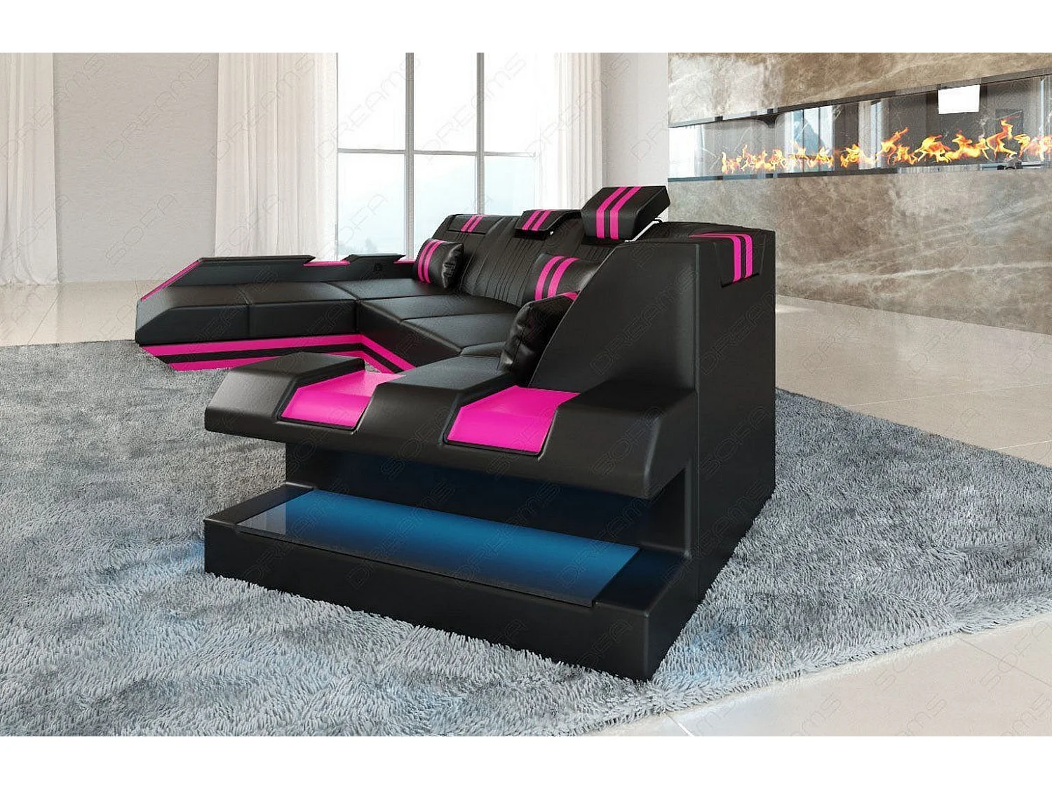 Ledersofa Apollonia C Form Ledermix Echt/Kunstleder Schwarz Pink Links