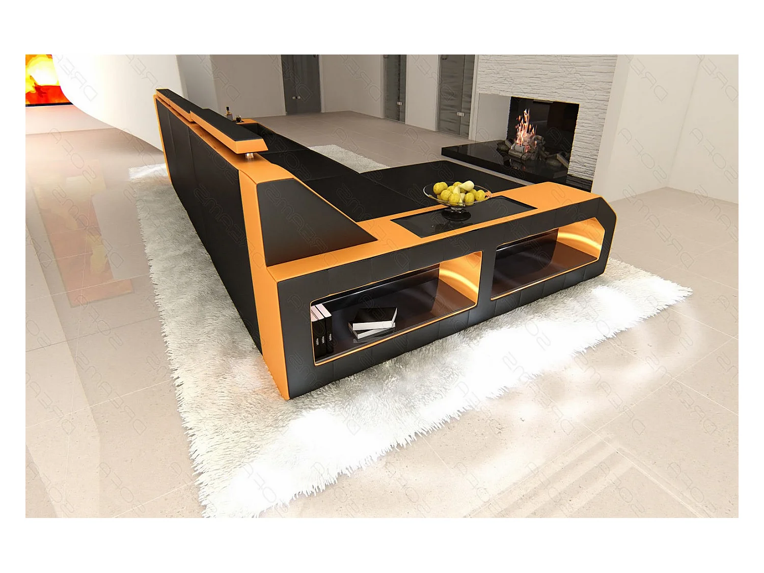 Ecksofa Arezzo Leder Echtleder Schwarz Orange Links