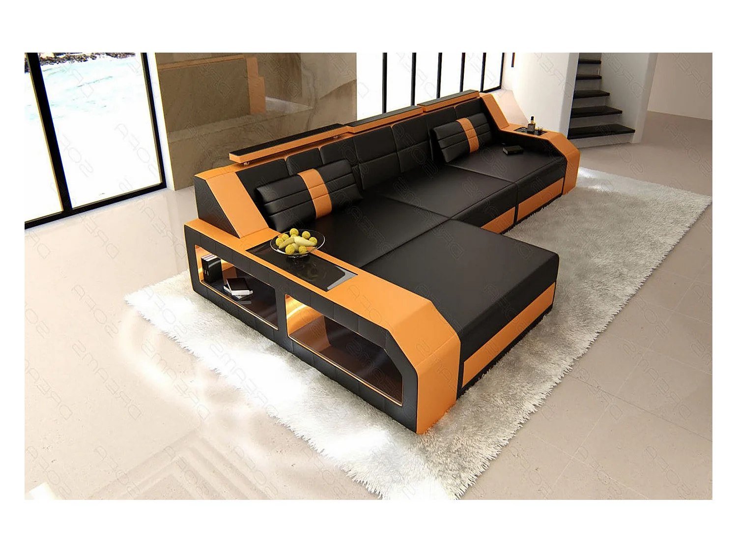 Ecksofa Arezzo Leder Echtleder Schwarz Orange Links