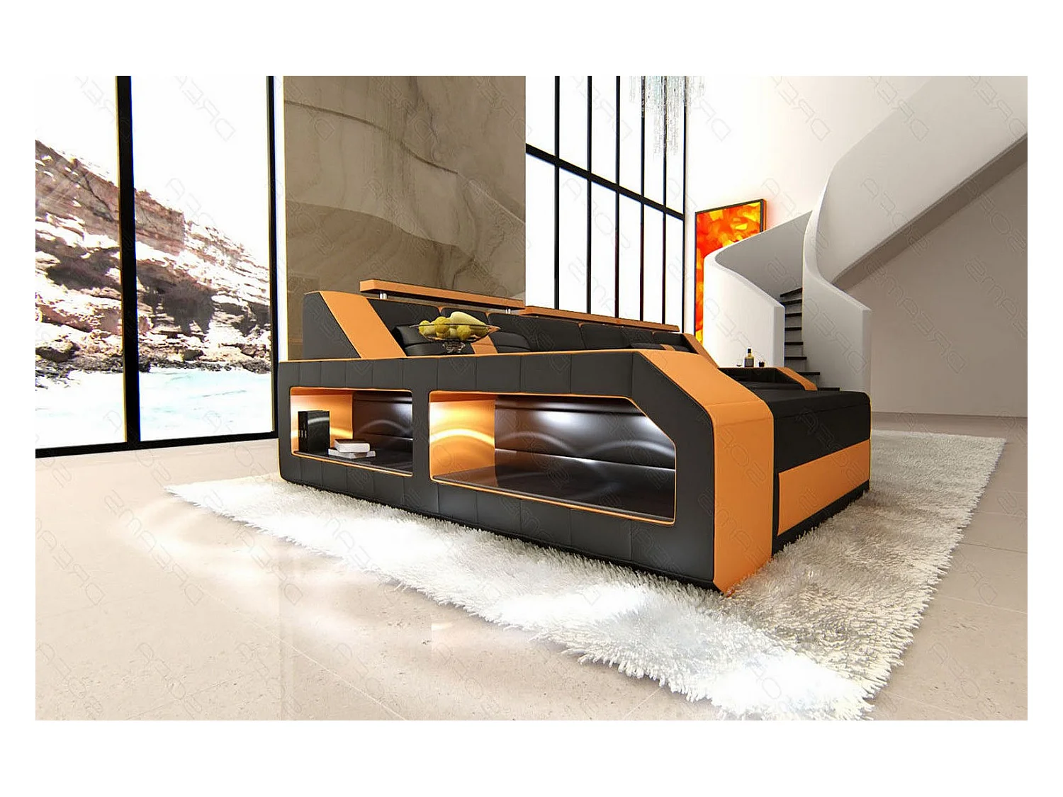 Ecksofa Arezzo Leder Echtleder Schwarz Orange Links