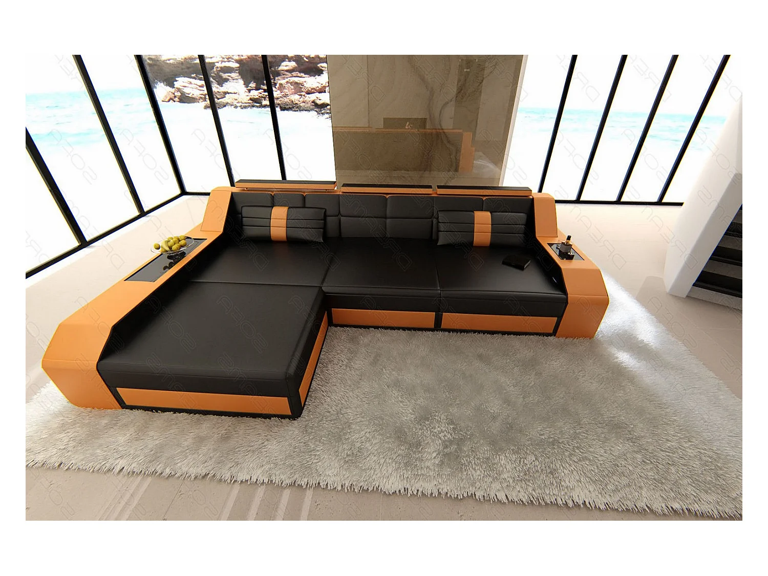 Ecksofa Arezzo Leder Echtleder Schwarz Orange Links