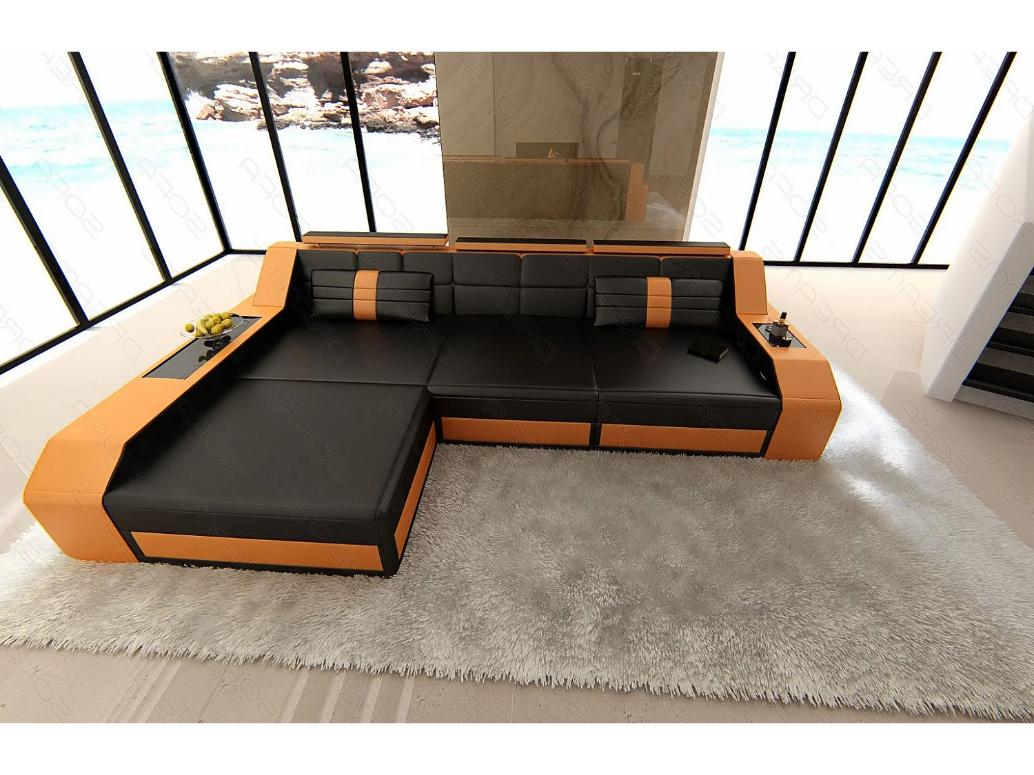 Ecksofa Arezzo Leder Echtleder Schwarz Orange Links