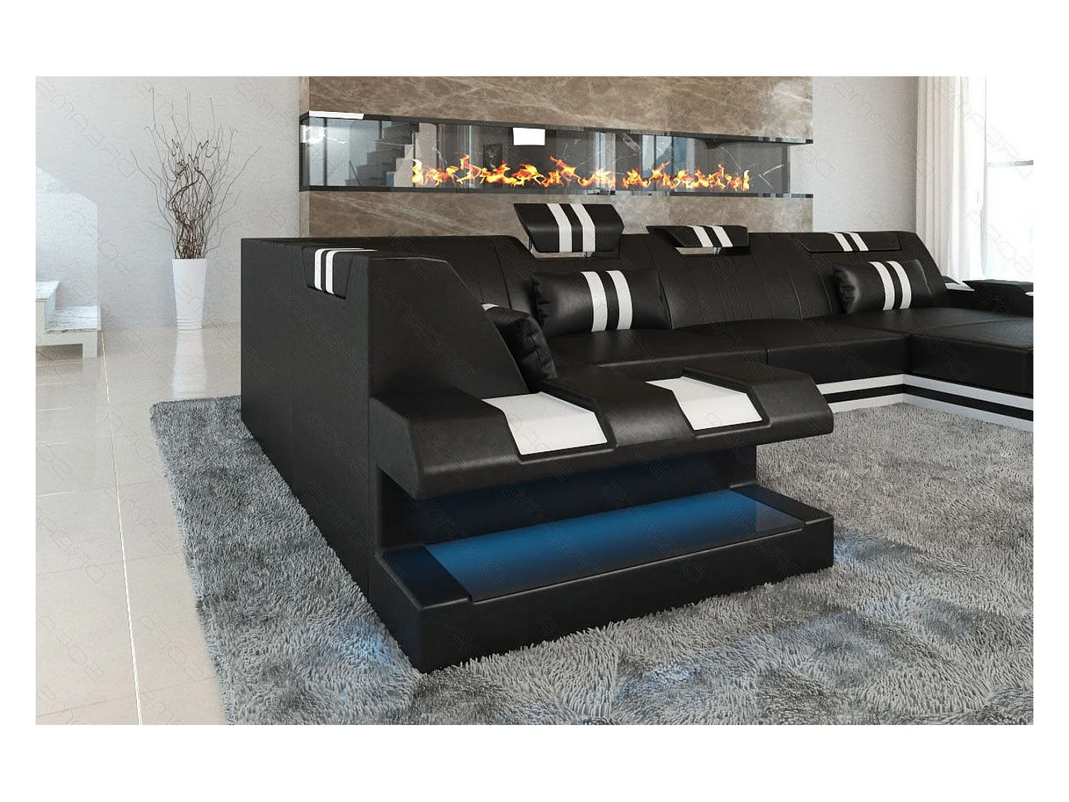 Ledersofa Apollonia U Form EM Schwarz Weiß Rechts