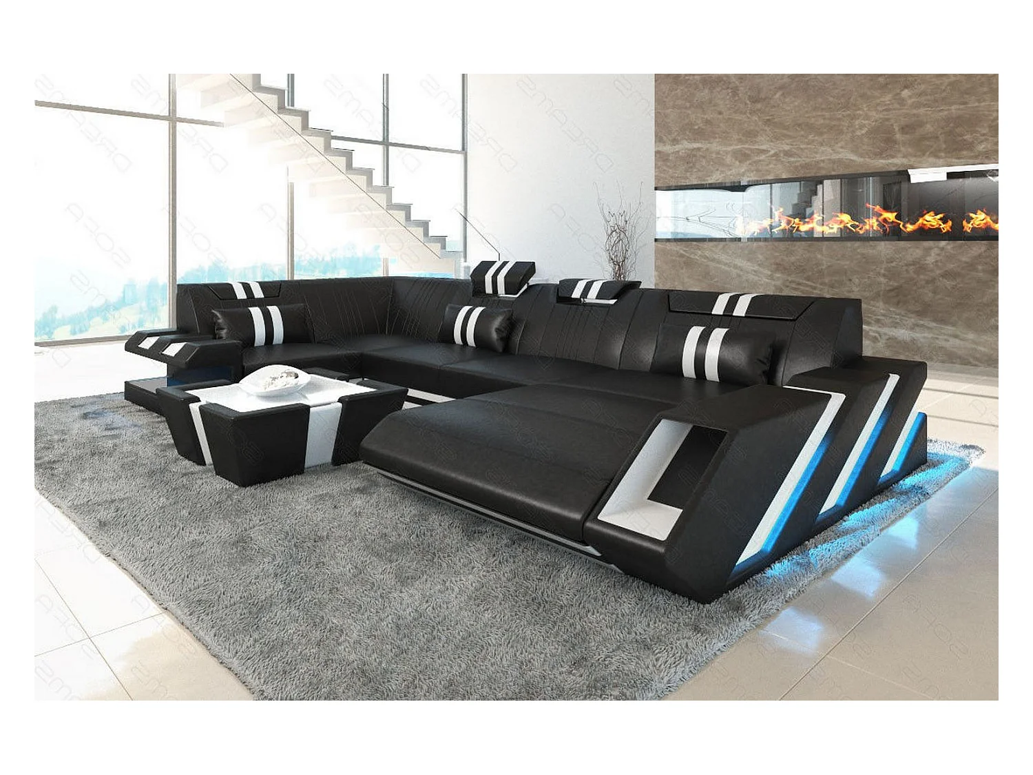 Ledersofa Apollonia U Form EM Schwarz Weiß Rechts