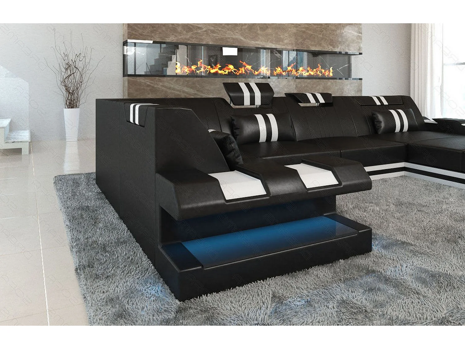 Ledersofa Apollonia U Form EM Schwarz Weiß Rechts