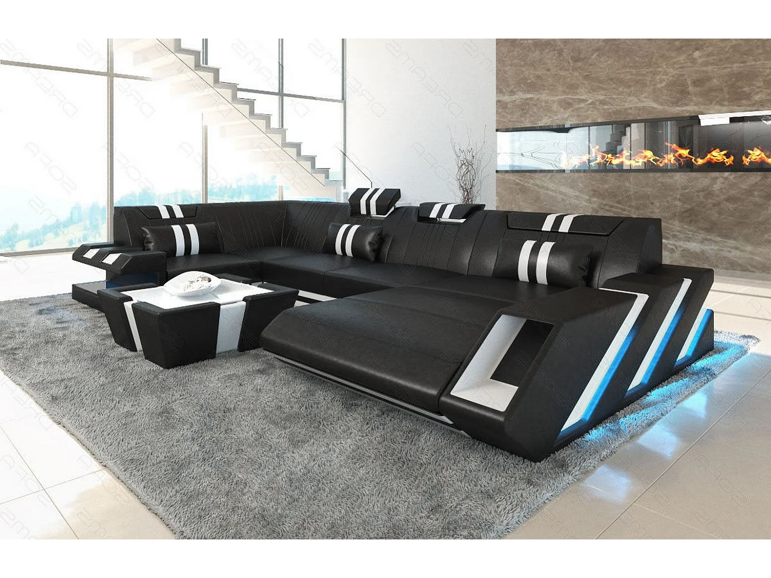 Ledersofa Apollonia U Form EM Schwarz Weiß Rechts