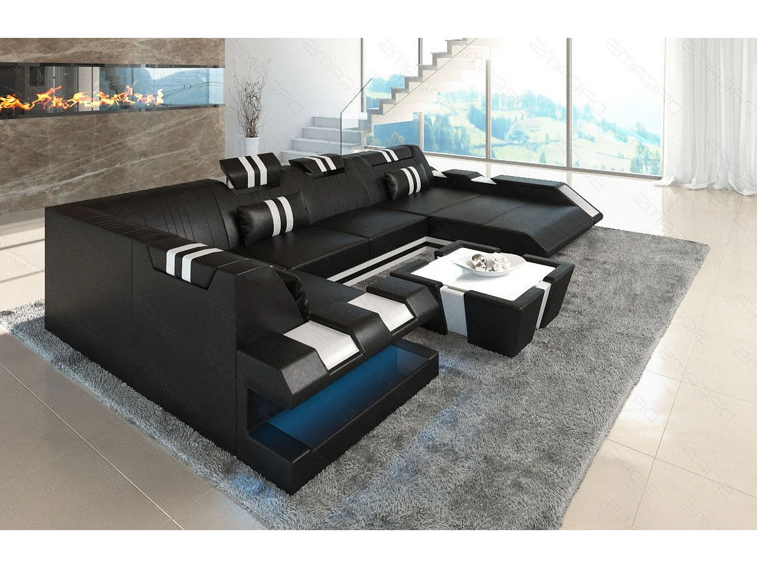 Ledersofa Apollonia U Form EM Schwarz Weiß Rechts