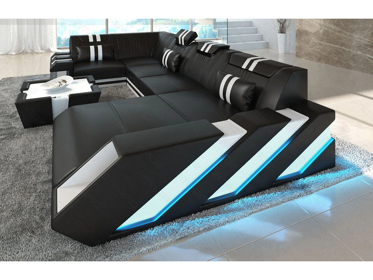 Ledersofa Apollonia U Form EM Schwarz Weiß Rechts