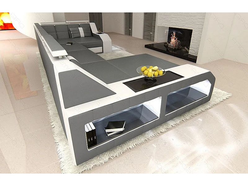 Sofa Arezzo U Leder Ledermix Grau Weiß Links